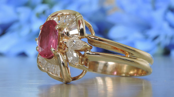 Ruby & Diamond Textured Flower Ring 14K Yellow Gold