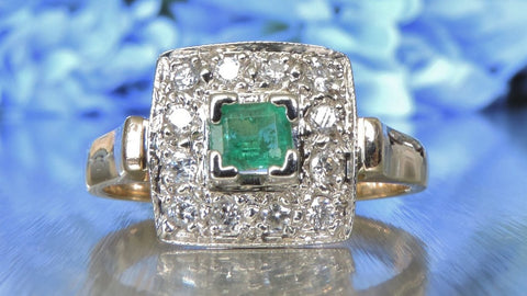 SQUARE CLUSTER DIAMOND AND EMERALD RING 