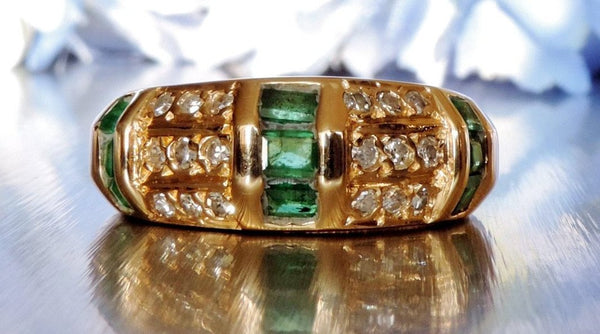 Vintage Half Eternity Diamond and Emerald Ring